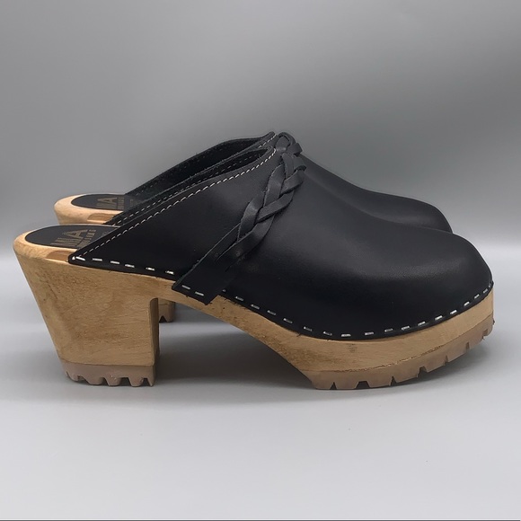MIA Shoes - MIA Women's Elsa Black Leather Heeled Mule  Wood Clogs  -   Size:  EU 40